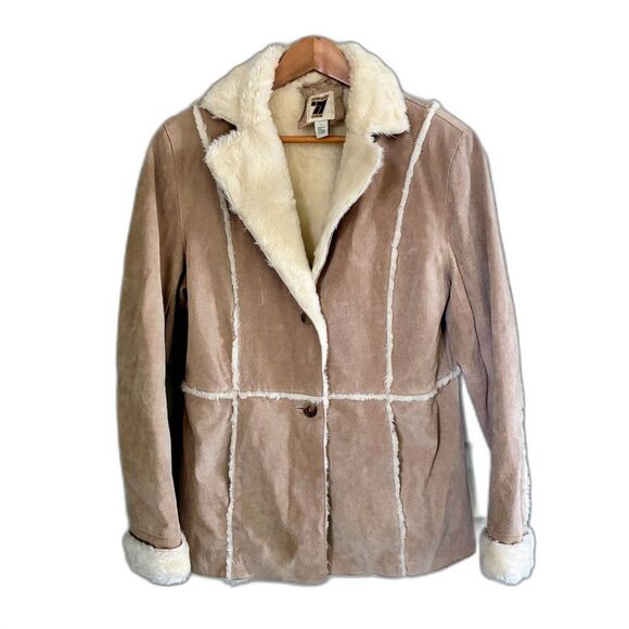 Seventy Seven 77 tan leather jacket faux fur vintage suede Y2K